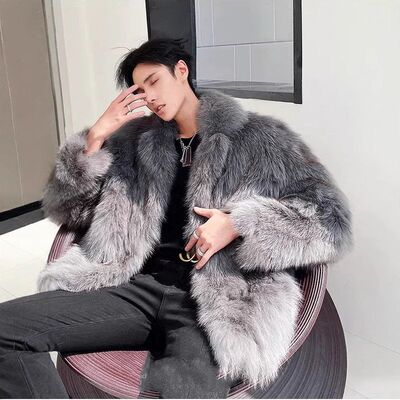 狐狸毛仿皮皮衣男生皮草毛毛外套男仿毛皮毛一体大衣年轻潮流时尚