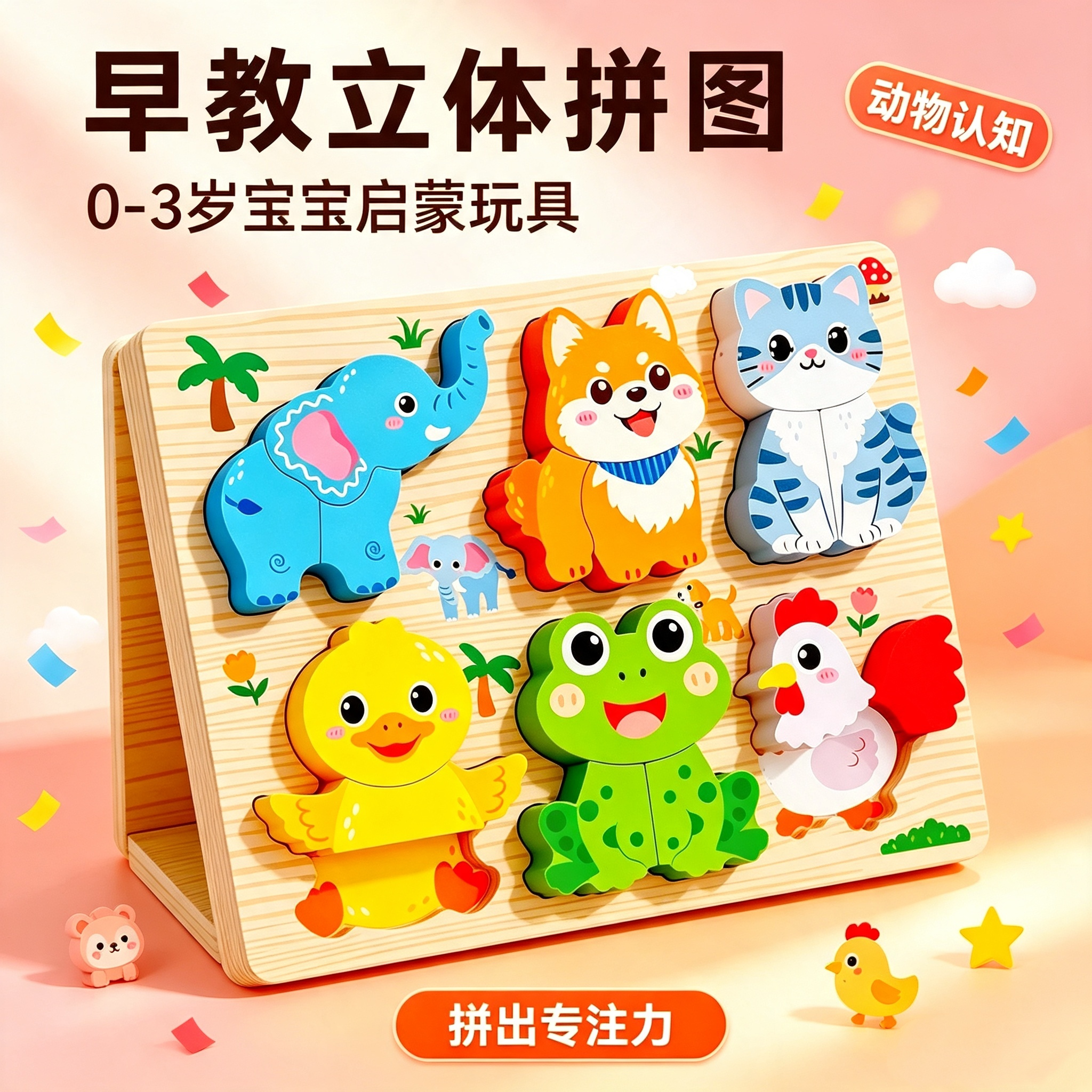 蒙氏早教立体拼图大颗粒积木0-3岁婴幼木质动物卡通拼板益智玩具