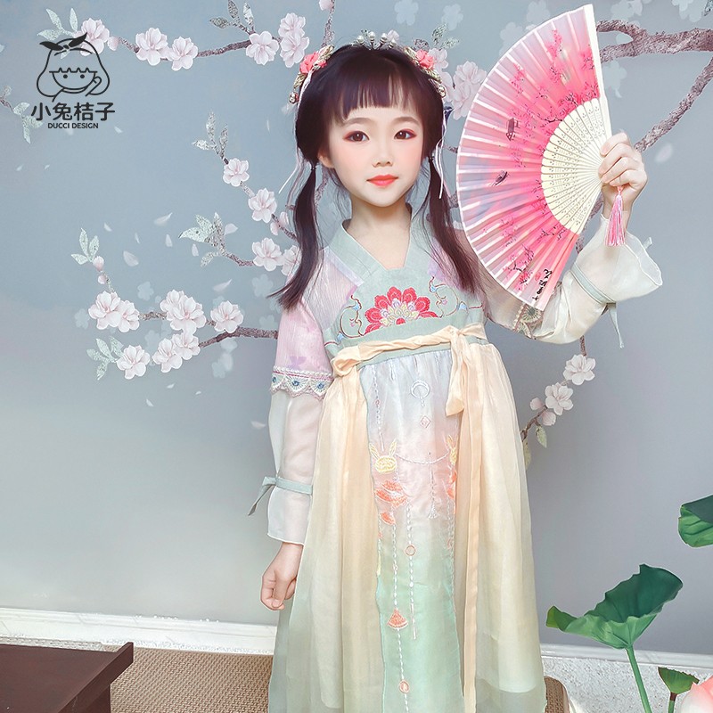 女童漢服橘綠唐風(fēng)連衣裙雪紡印花裙子復(fù)古中國(guó)風(fēng)新款兒童夏季