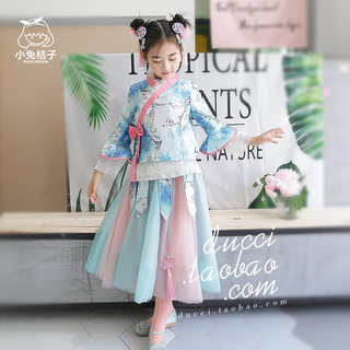 女童民族风汉服套装秋装中国风儿童中式上衣网纱半身裙两件套唐装