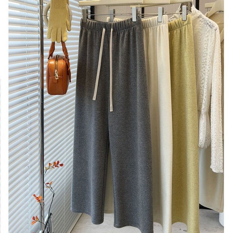 冬季加绒加厚小个子休闲阔腿糯米裤女2025新款慵懒风宽松直筒长裤