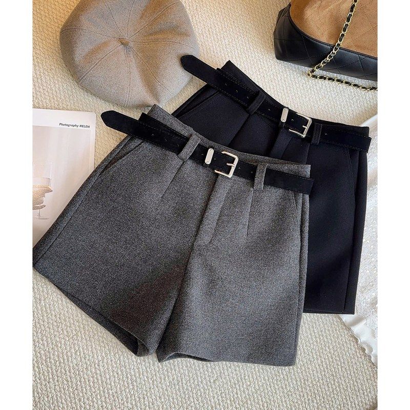 灰色加厚毛呢高腰显瘦西装短裤