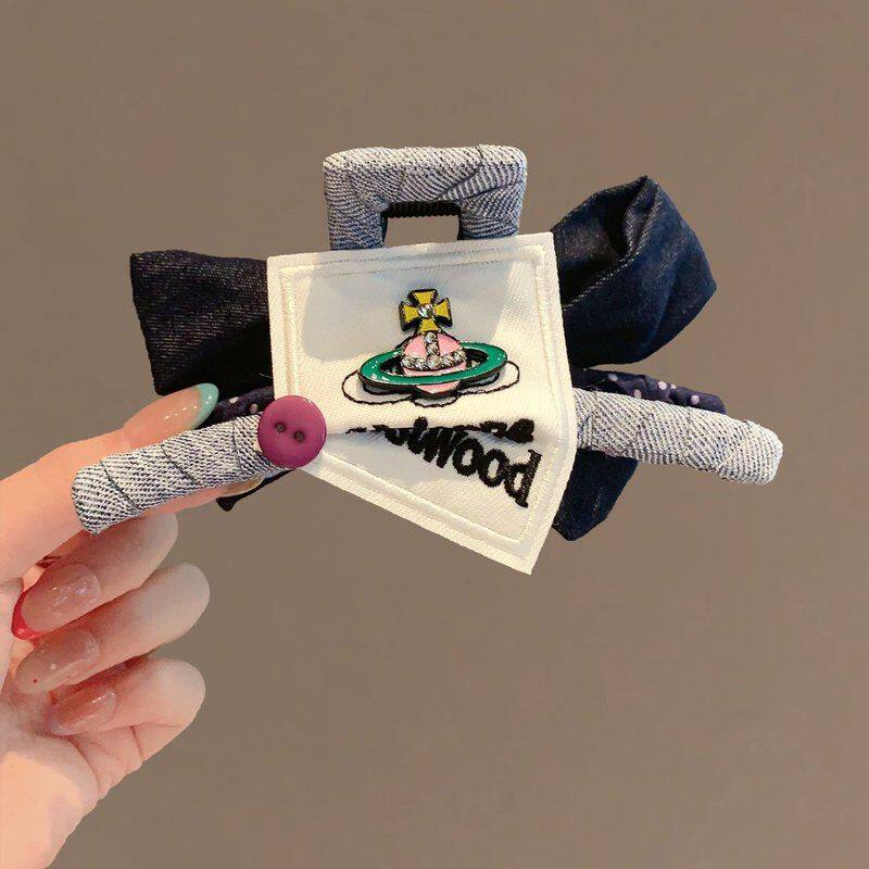 撞色布艺星球蝴蝶结头饰抓夹后脑勺盘发鲨鱼夹ab面格纹蝴蝶结发抓