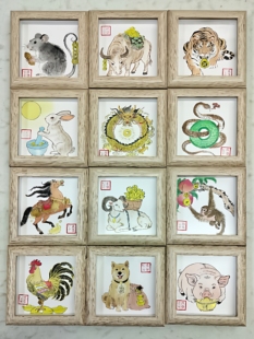 纯手绘国画十二生肖新款鼠牛虎兔龙蛇马羊猴鸡狗猪桌面迷你摆台