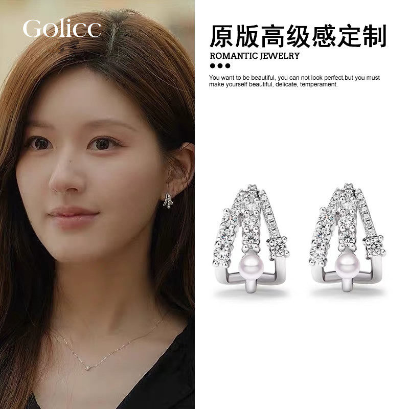 银色满钻三角几何珍珠耳环女2025