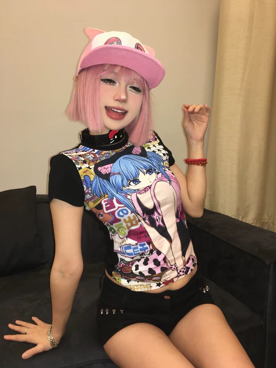 thumbnail for Japanese ancient Showa two-dimensional anime full print short-sleeved T-shirt slim slim sweet and hot girl short top summer