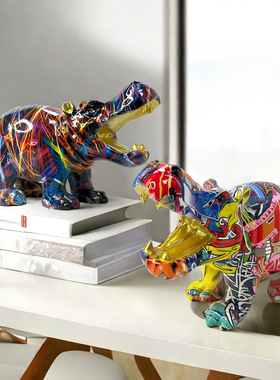 北欧创意炫彩大嘴河马摆件家居客厅办公室桌面动物树脂工艺品装饰