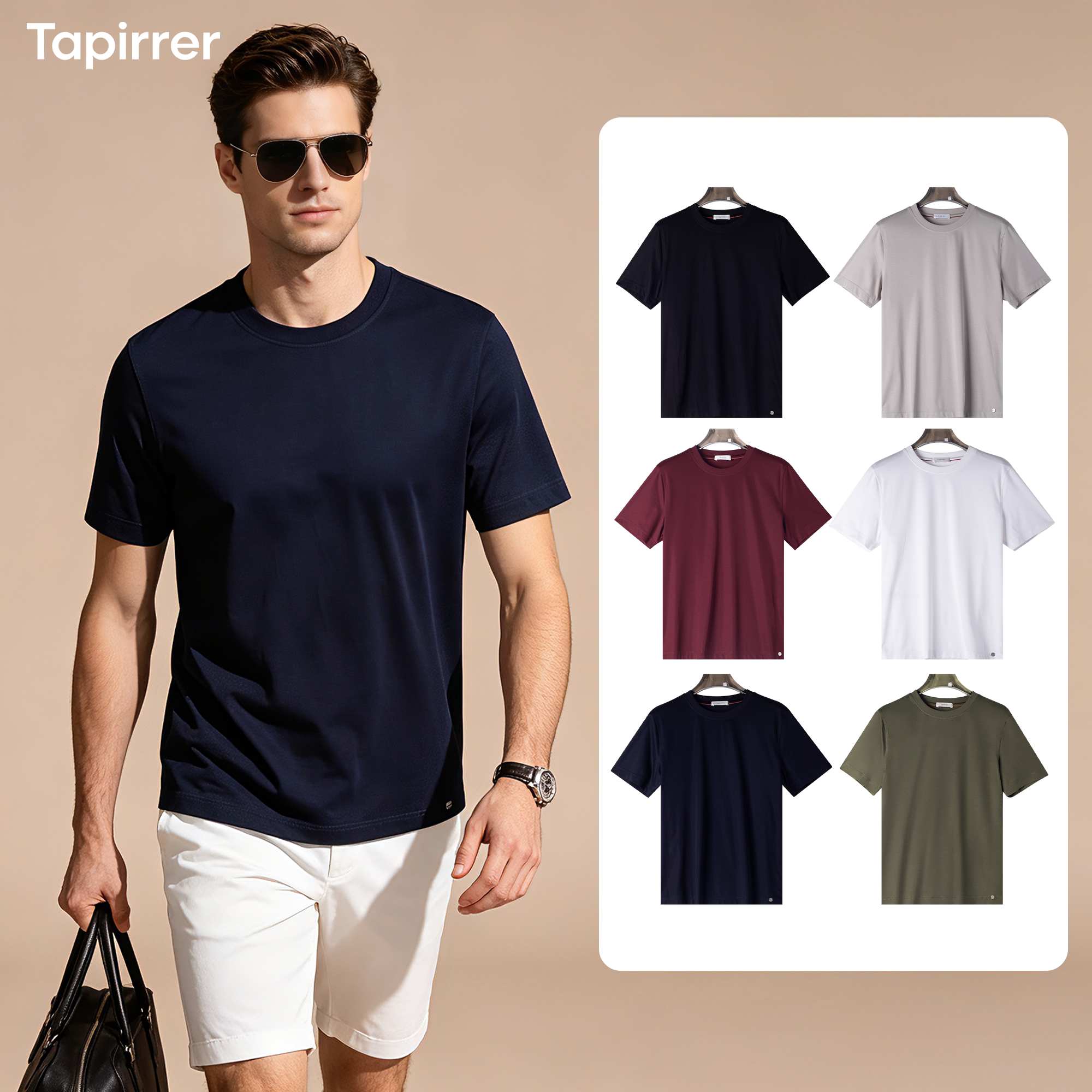 Tapirrer男士80支高支棉T恤 轻奢老钱风商务通勤纯色短袖百搭上衣