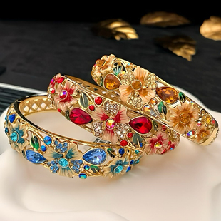 北京景泰蓝牡丹手镯闺蜜礼物复古国潮风尚珐琅彩镂空镶钻旗袍镯子