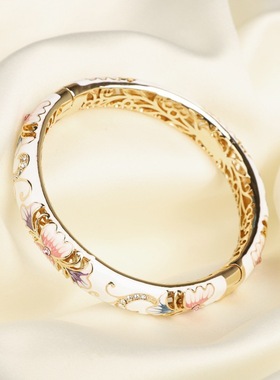 跨境礼品铜胚镂空珐琅彩花朵手镯优雅文艺饰品中国风景泰蓝手环