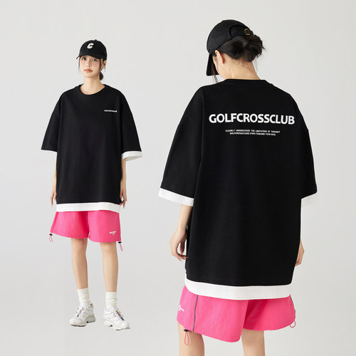 GOLFCROSS假两件LOGO字母印花纯棉短袖五分袖圆领T恤宽松简约男女