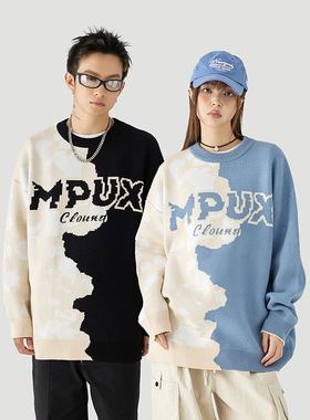 MPUX联名拼色字母提花圆领休闲毛衣秋冬撞色不规则图案宽松上衣