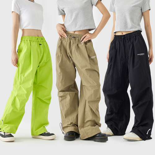 GOLFCROSS纯色字母logo印花褶皱抽绳宽松阔腿裤工装甜酷休闲长裤