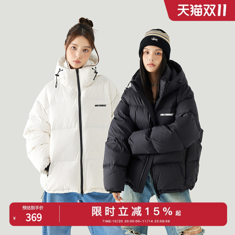 GOLFCROSS基础款字母印花连帽羽绒服男女新款90白鸭绒保暖潮外套