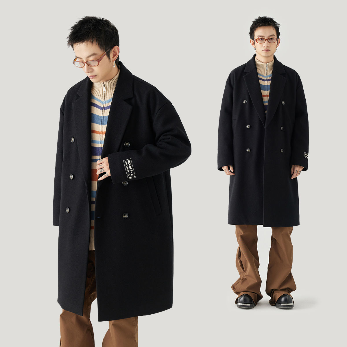 MPUX英伦风纯色双排扣中长款风衣防寒保暖毛呢子大衣宽松休闲男女