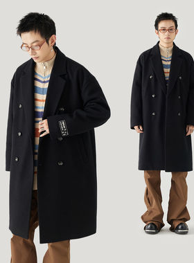MPUX英伦风纯色双排扣中长款风衣防寒保暖毛呢子大衣宽松休闲男女
