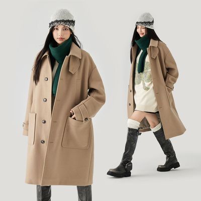 MPUX纯色单排扣中长款风衣潮牌冬季防寒保暖大口袋毛呢大衣外套