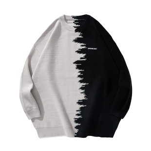MPUX联名拼色字母贴标圆领套头休闲毛衣男女同款学院风撞色上衣