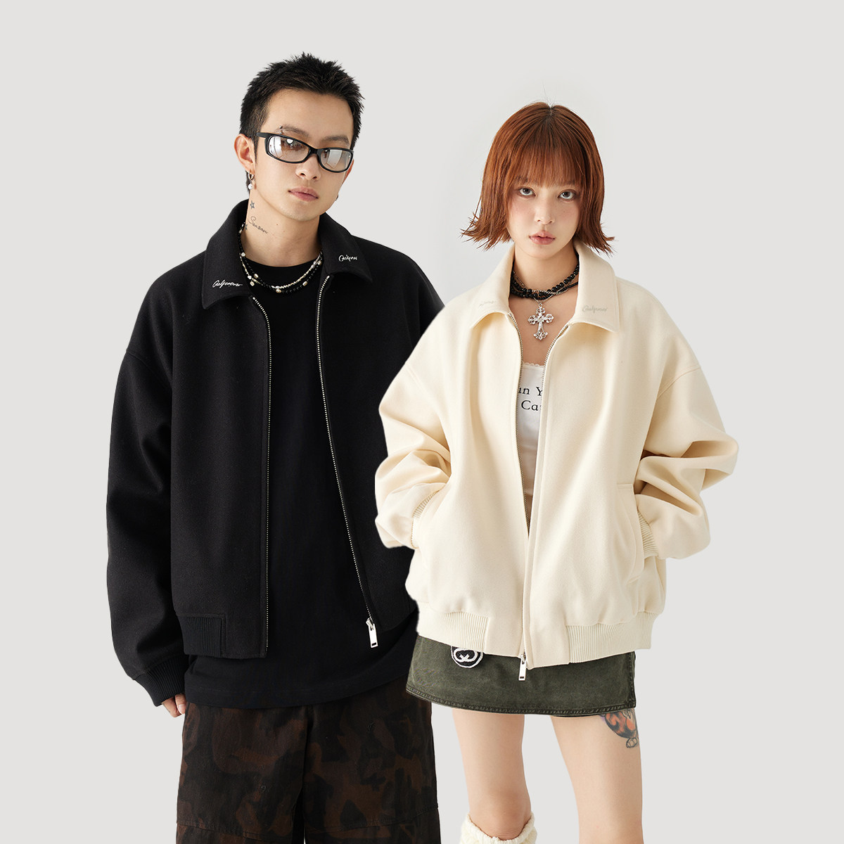 GOLFCROSS字母logo刺绣宽松休闲落肩翻领开衫夹克外套男女同款潮