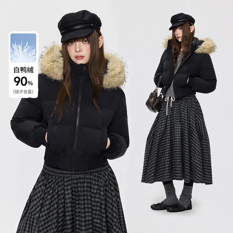 GOLFCROSS大毛领修身短款羽绒服