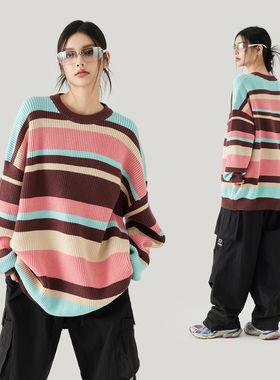 MPUX撞色条纹百搭打底圆领毛衣宽松舒适冬季保暖针织衫男女同款