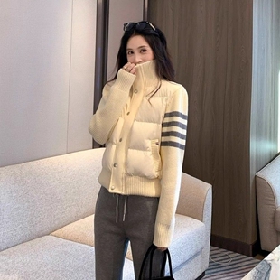 网图四条杠双色潮流韩版米白色条纹拼接棉服女冬季高级感小个子