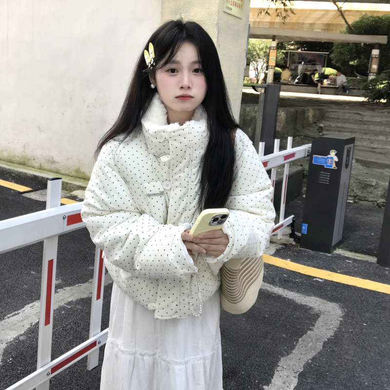 灯芯绒波点羽绒棉服女2025冬季新款加厚宽松毛领面包服外套上衣