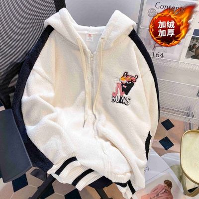 实拍 米粒绒复合贝贝绒 秋冬加绒加厚拼色羊羔绒连帽卫衣外套潮
