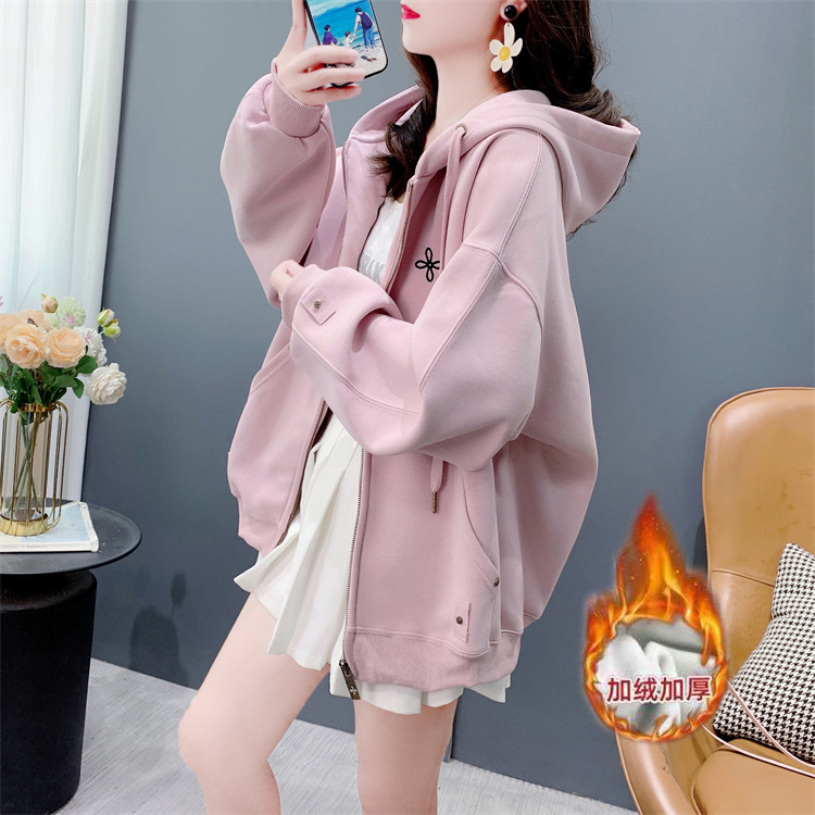 冬装新款纯棉华棉复超柔加绒刺绣外套拉链卫衣女