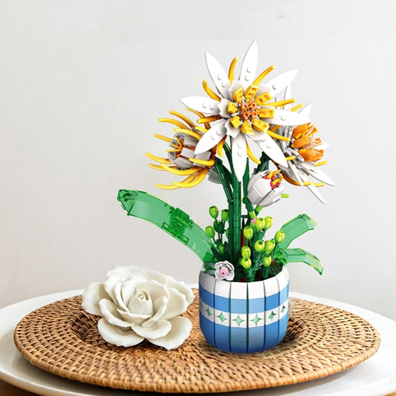 昙花盆栽玫瑰花束拼装模型积木