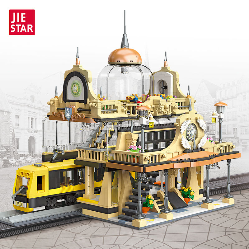 杰星街景建筑欧式火车站拼装房子小颗粒积木模型儿童益智玩具礼物