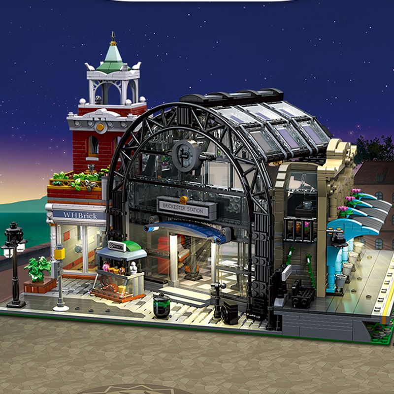 杰星火车交汇站带灯光小颗粒拼装积木模型益智玩具送男孩生日礼物