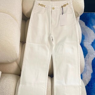 2025南油高端女装欧洲站凯旋门金属链条白色高腰显瘦直筒牛仔裤女