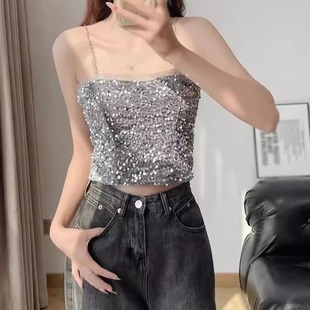 Chain sequin tank top with chest pad 链条亮片带胸垫短款背心