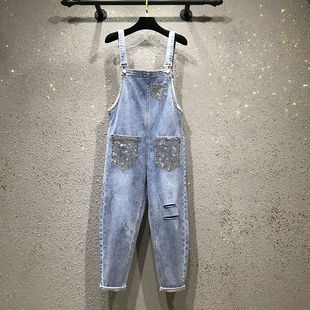 烫钻贴袋 牛仔背带裤Hot diamond patch pocket denim suspenders