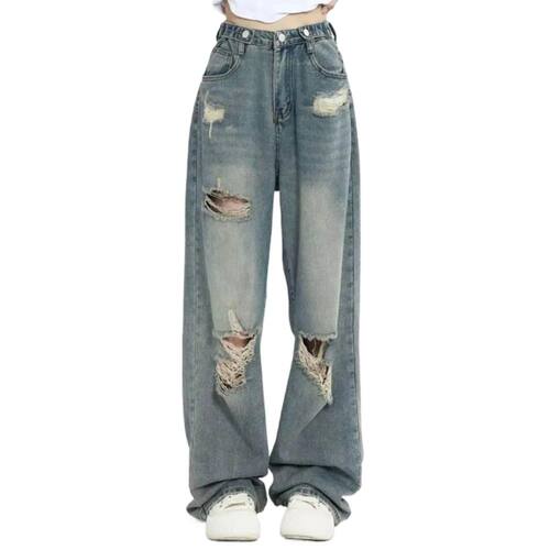 夏季女士高腰破洞显瘦阔腿牛仔裤