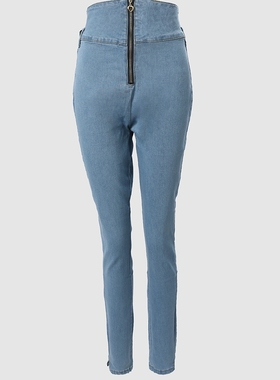 蓝色修身翻边款紧身裤