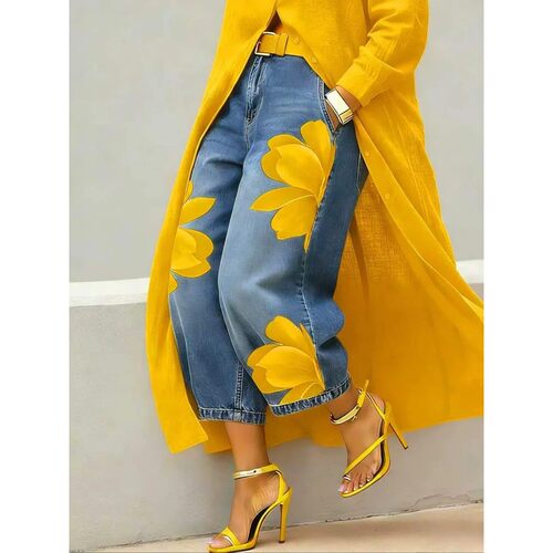 印花宽松舒适高腰阔腿女牛仔裤