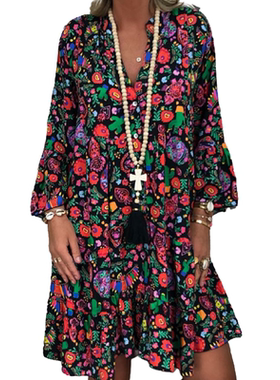 Three quarter sleeve V-neck ruffle skirt 七分袖V领荷叶边中裙