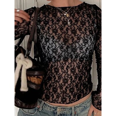 辣妹性感蕾丝修身长袖短款上衣女