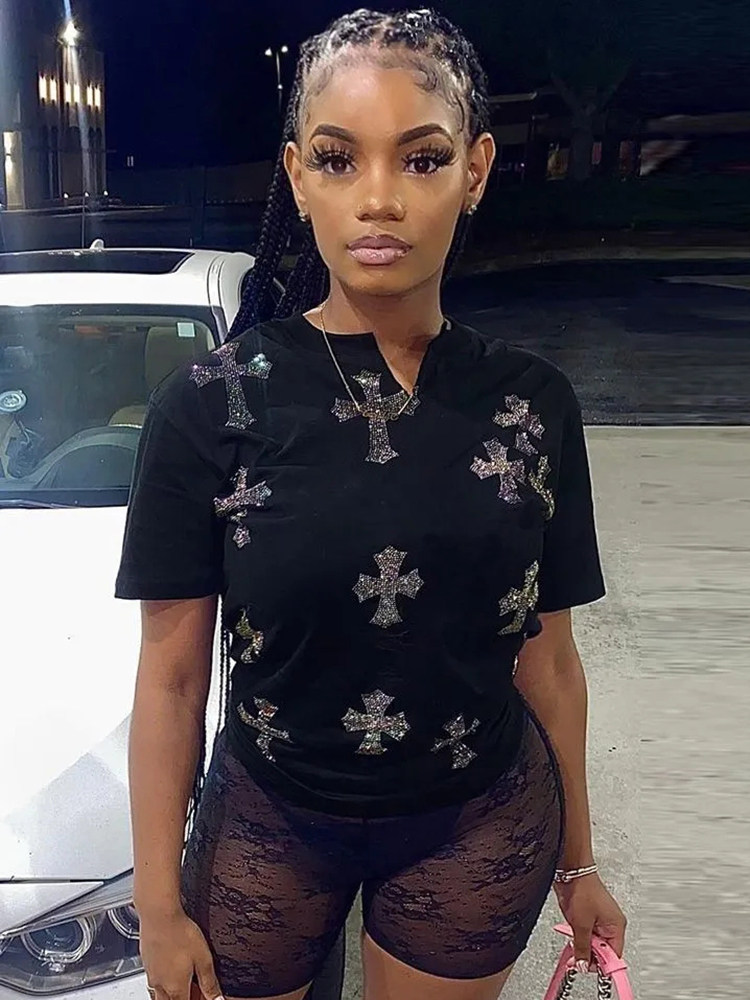 女士时尚烫钻上衣圆领T恤