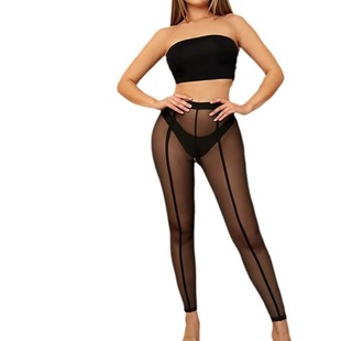 Tulle capri sexy waisted pants high 网纱性感高腰透气九分裤