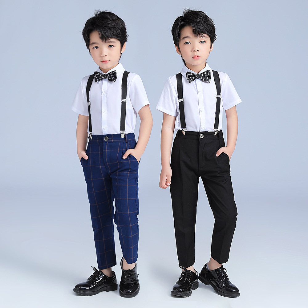 儿童西裤夏季新款男童短袖衬衫背带裤两件套韩版钢琴主持演出礼服