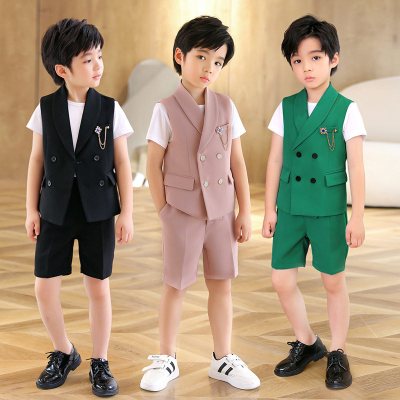 儿童礼服夏款韩版帅气马甲套装男童活动主持演出服短袖花童婚礼服