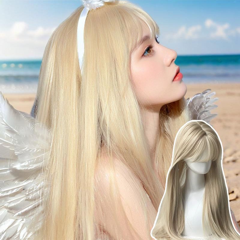 假发女长直发空气刘海圆脸网红主播烟灰蓝色COS头套二次元日系毛