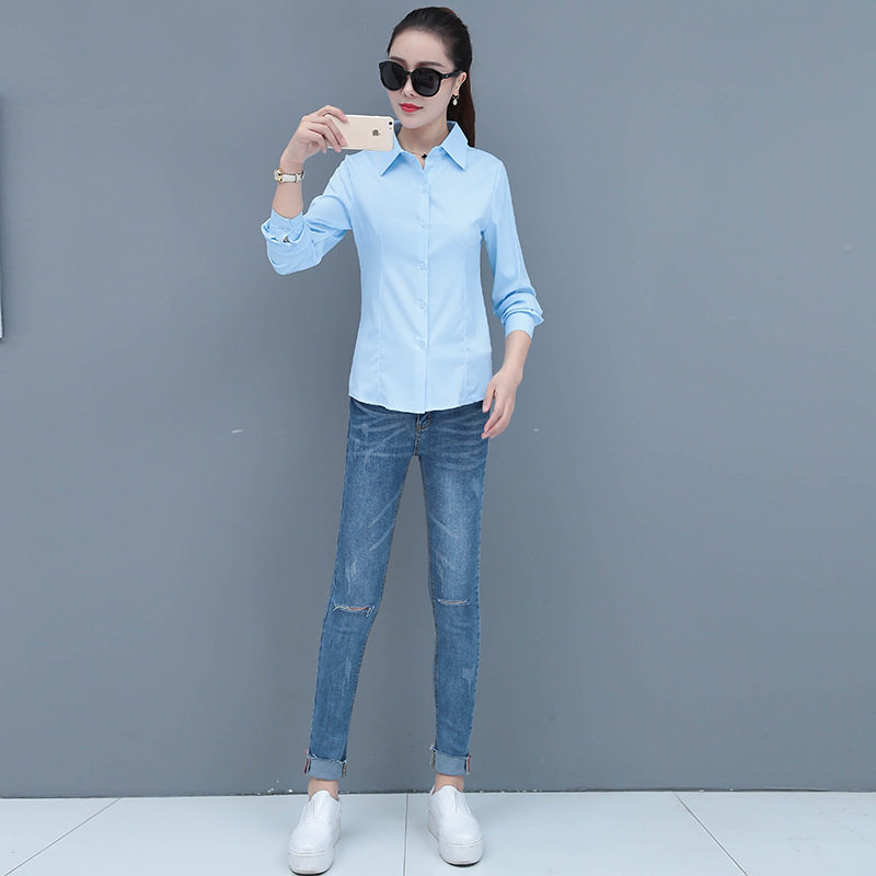 韩版蓝色衬衫女修身长袖职业装大码女装工作服正装蓝色衬衣女上衣