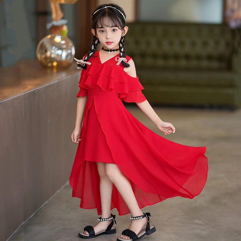 女童连衣裙夏季2025新款儿童雪纺裙露肩中长款洋气小女孩碎花