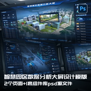 PS分层可编辑文件 智慧园区数据分析大屏可视化UI设计态势素材模版