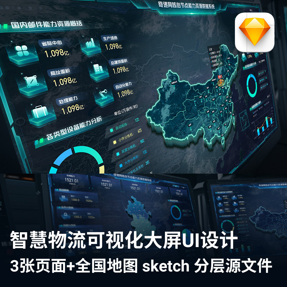 科技可视化数据物流寄递态势大屏UI设计素材文件组件库sketch模版