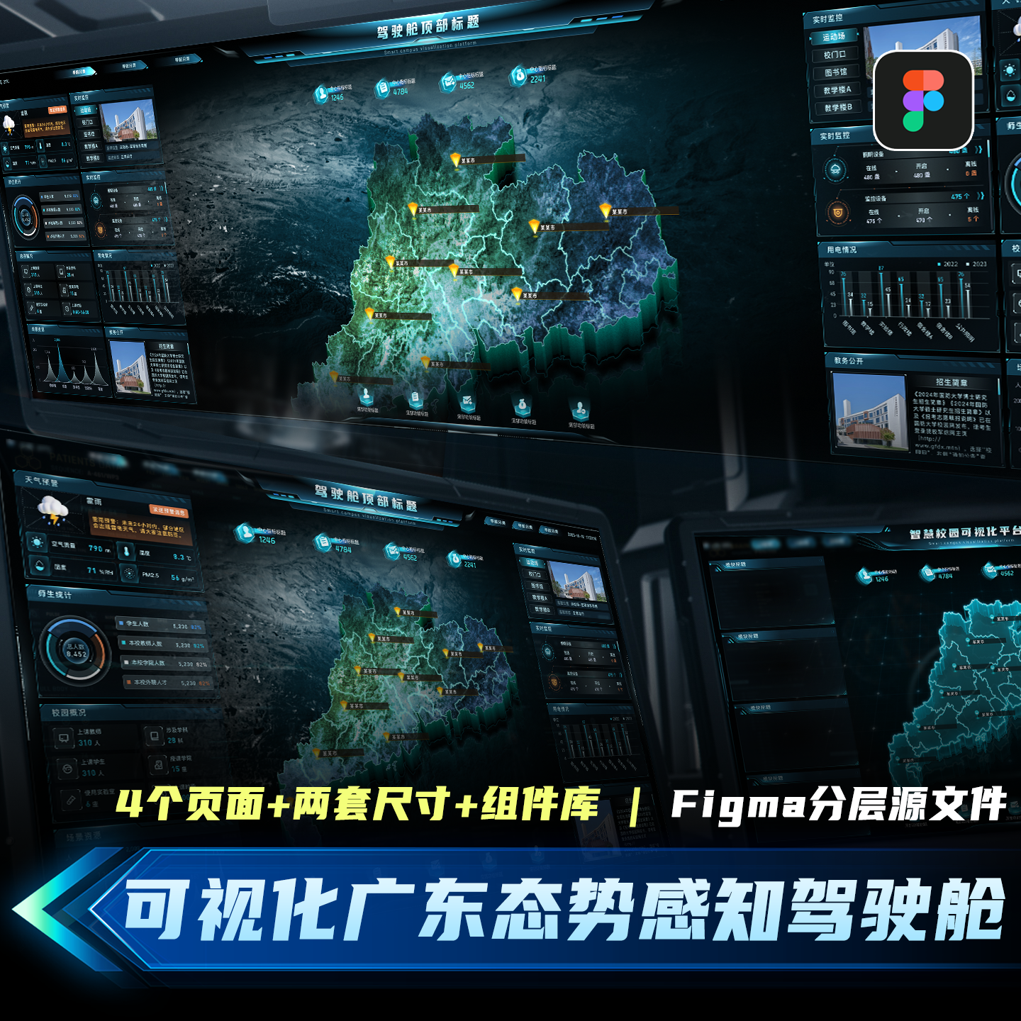 可视化态势驾驶舱UI设计大屏4页素材模版两版广东地图figma源文件